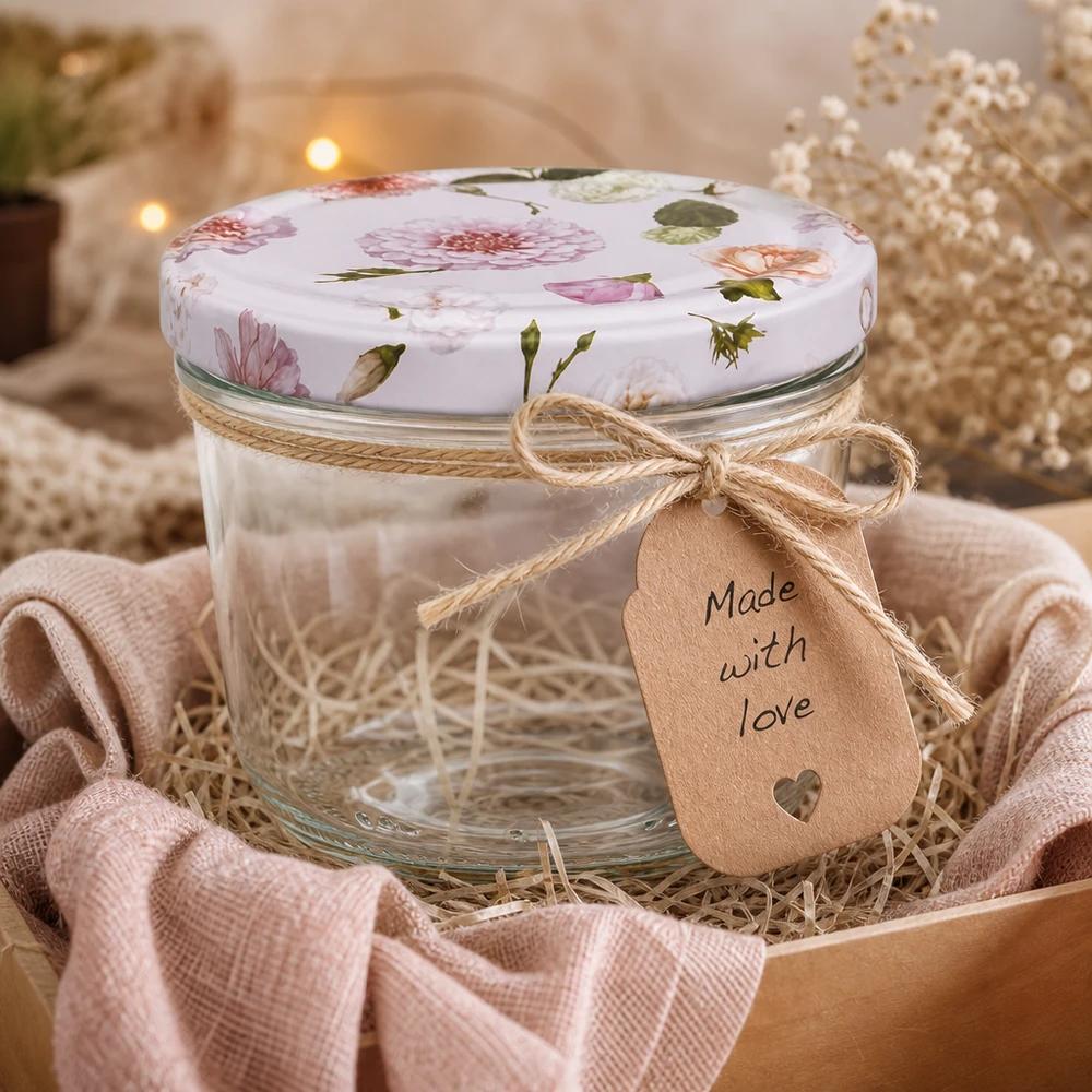 Glazen van 230 ml + BasicSeal-deksel roze... 230ml bekers BasicSeal deksel roze bloemen geschenkdoos jute strik Made with Love tag