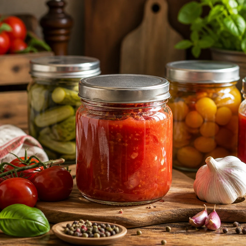 408ml BasicSeal zilveren ronde pot gevuld met tomatensaus omringd door verse ingrediënten basilicum knoflook inmaakpotje