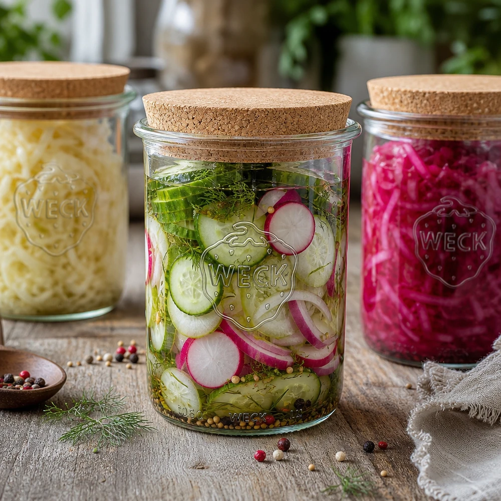WECK 1000ml RR100 inmaakpot met kurken deksel Set inmaakpotten voor komkommer, zuurkool en radijs
