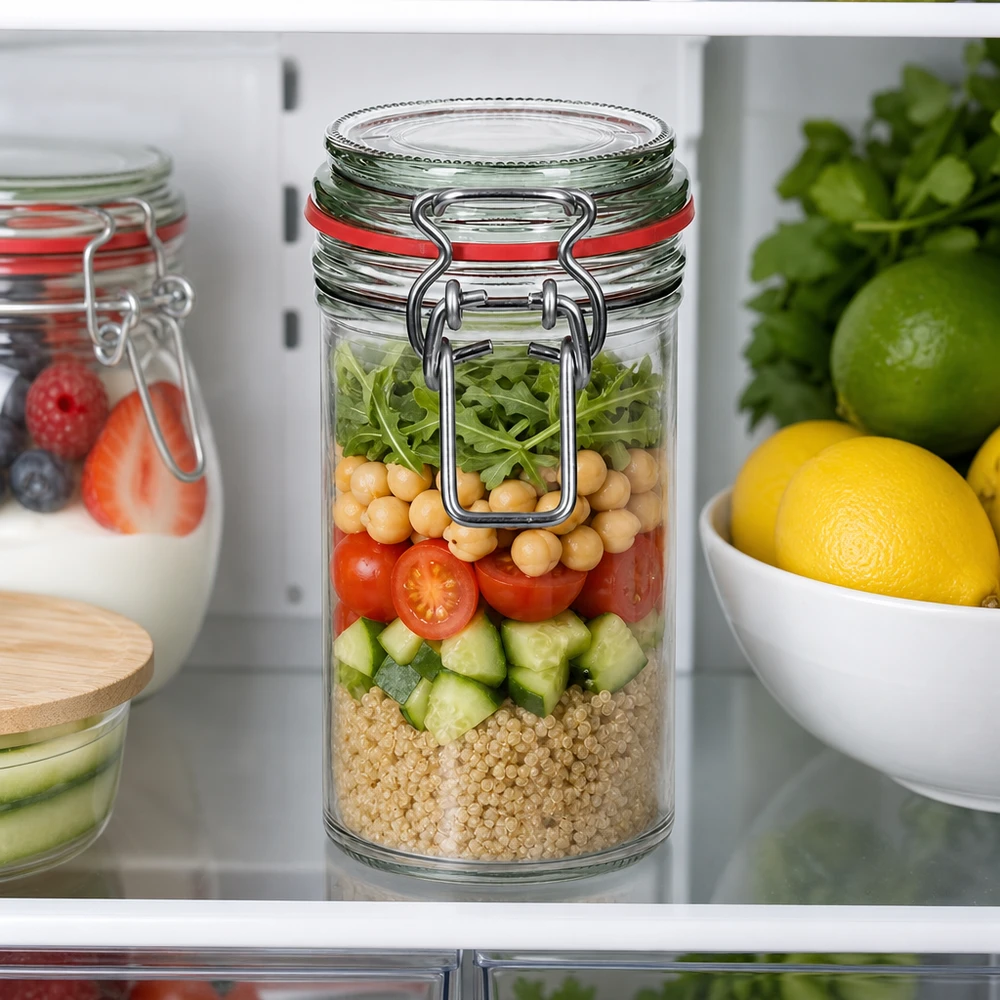 Voorraadpot 272ml met draaidop gevuld met salade quinoa kikkererwten tomaten komkommer in koelkast