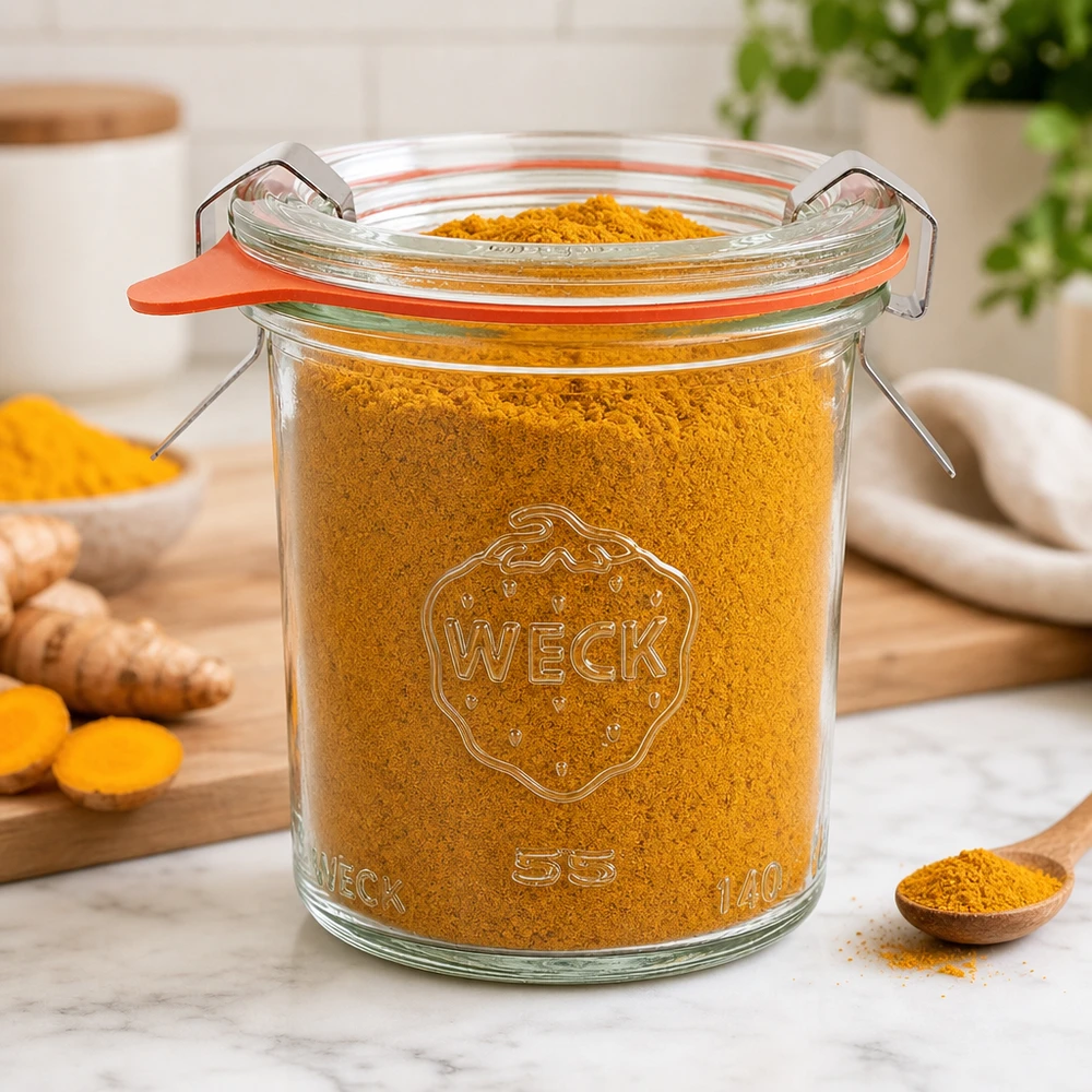 140ml stortglas compleet WECK RR60 WECK Sturzglas 140ml RR60 mit Kurkuma-Pulver gefüllt in moderner Küche zeigt Vielseitigkeit für Gewürzaufbewahrung