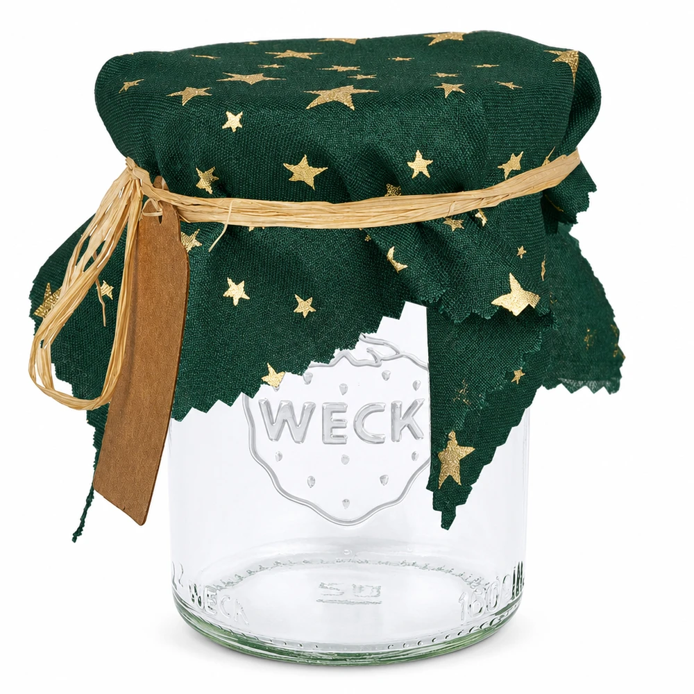 Groene stoffen doily met gouden sterren op pot, 15cm vierkant, jampotdeksel met raffia lint