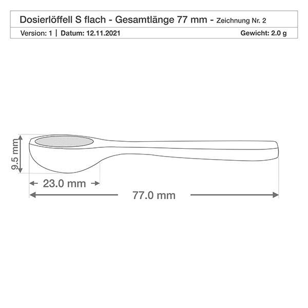 Houten schep maat S lepelvorm - 77mm lang Technische tekening Houten schep S plat 77mm totale lengte Afmetingen Gewicht 2g Productspecificatie