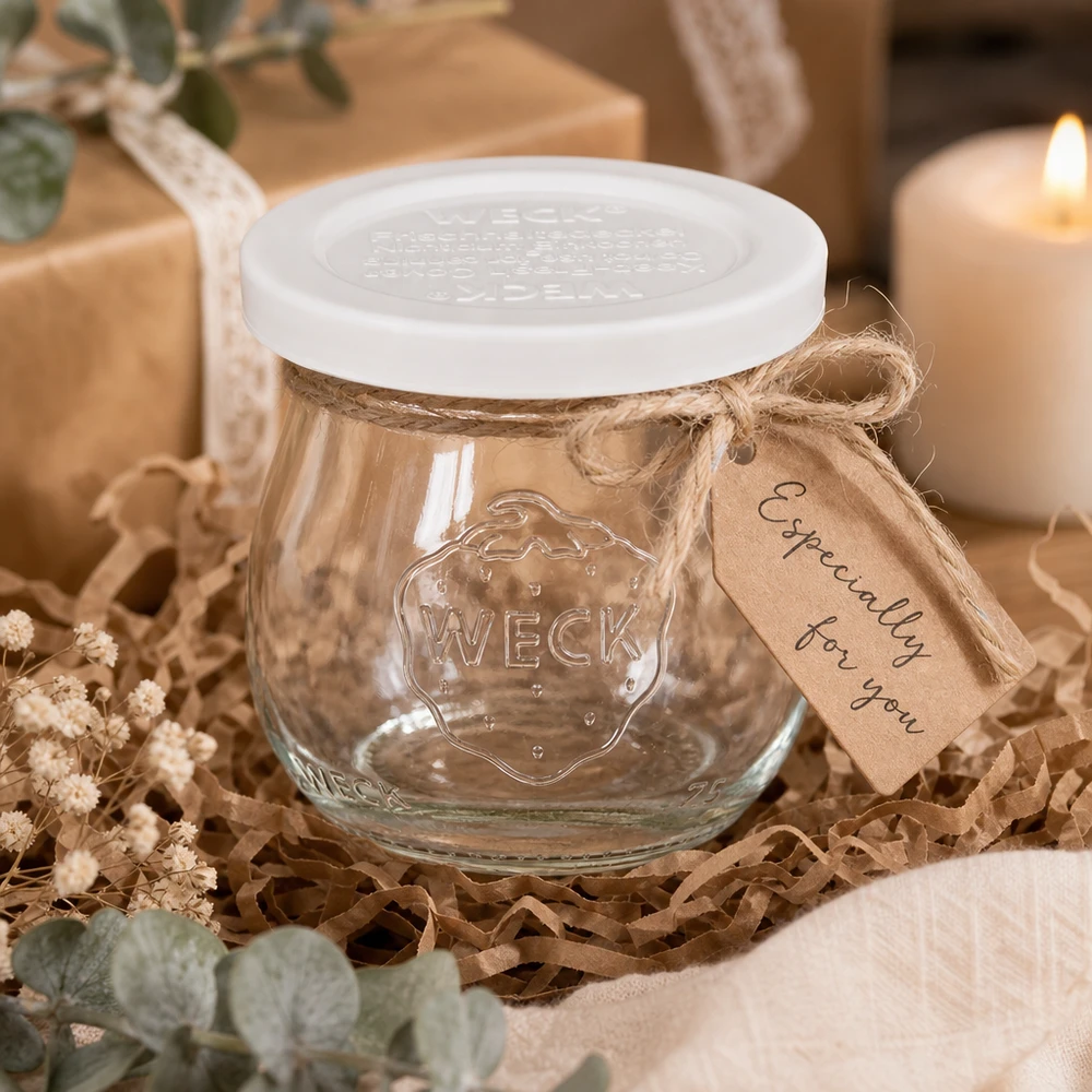 WECK tulp pot 75ml RR40 als een geschenk decoratief verpakt met kraft papier tag en jute lint op hout