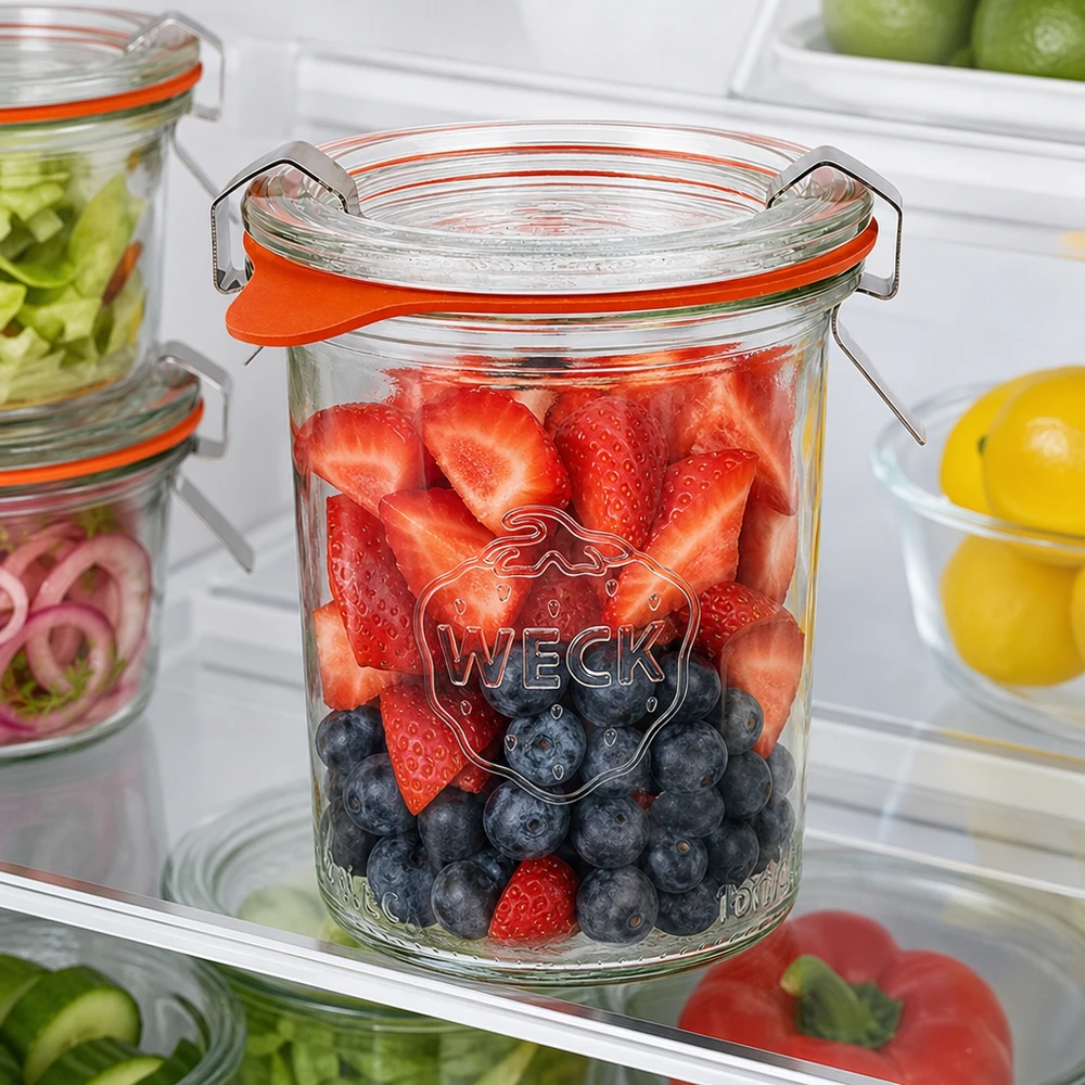 160ml stortglas compleet WECK RR60 WECK RR60 bekers van 160 ml gevuld met verse bessen in de koelkast voor optimale versheid en bewaring