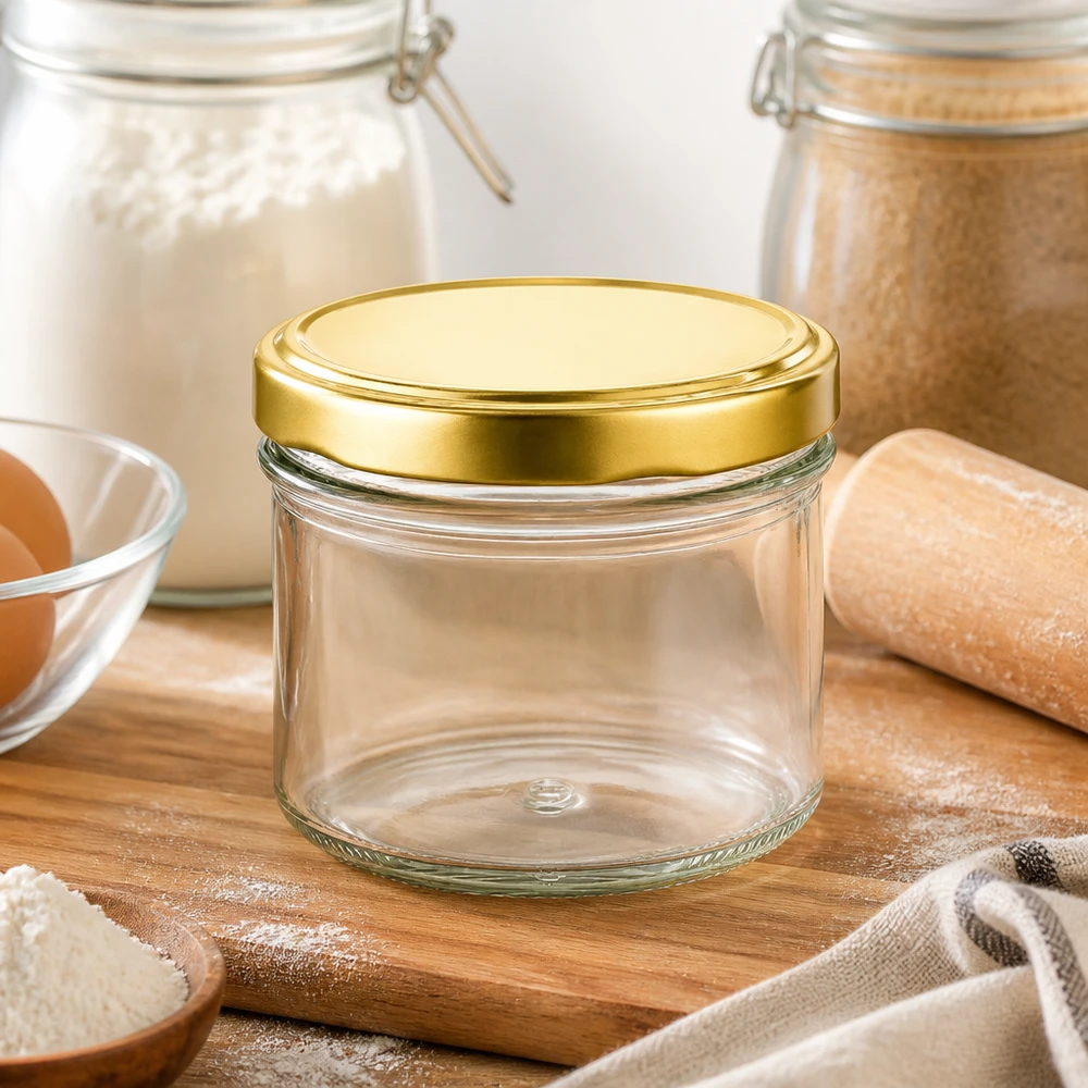 225ml bekers met BasicSeal deksel goud UNiTWIST 225ml UNiTWIST BasicSeal gouden lege bekers op een houten plank met bloem en bakingrediënten in een moderne keuken