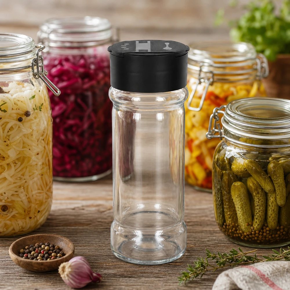 Zout-/kruidenpotje 100 ml met dubbele strooier, zwart Cilindrische kruidenstrooier van helder glas, 100 ml, naast augurken, zuurkool en ingemaakte groenten