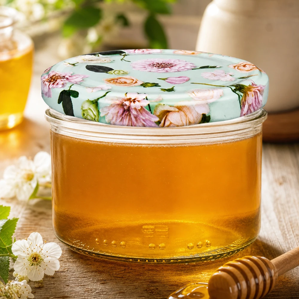 Honingpot 230ml met decoratief BasicSeal deksel bloem mint - gouden honing met houten lepel en bloemdecoratie