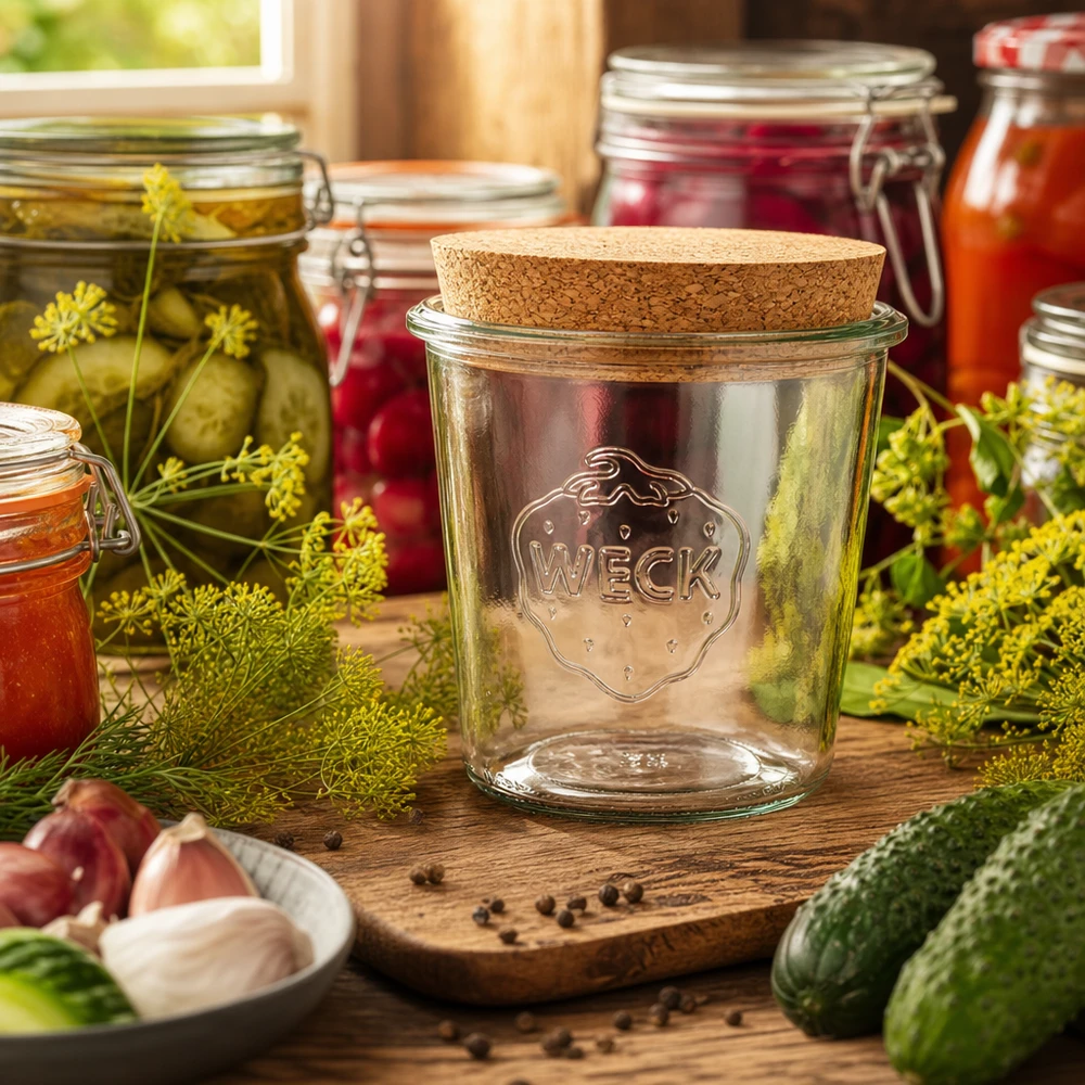 WECK inmaakpot 580ml RR100 kurkdeksel in rustieke keuken versierd met kruiden augurken en inmaak accessoires