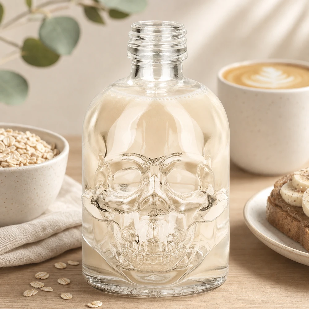 50 ml glazen fles Hector zonder schroefsluiting UNiTWIST® Glazen fles Hector 50ml schedelontwerp met lichtgekleurde inhoud op ontbijttafel tussen havermout en koffie UNiTWIST