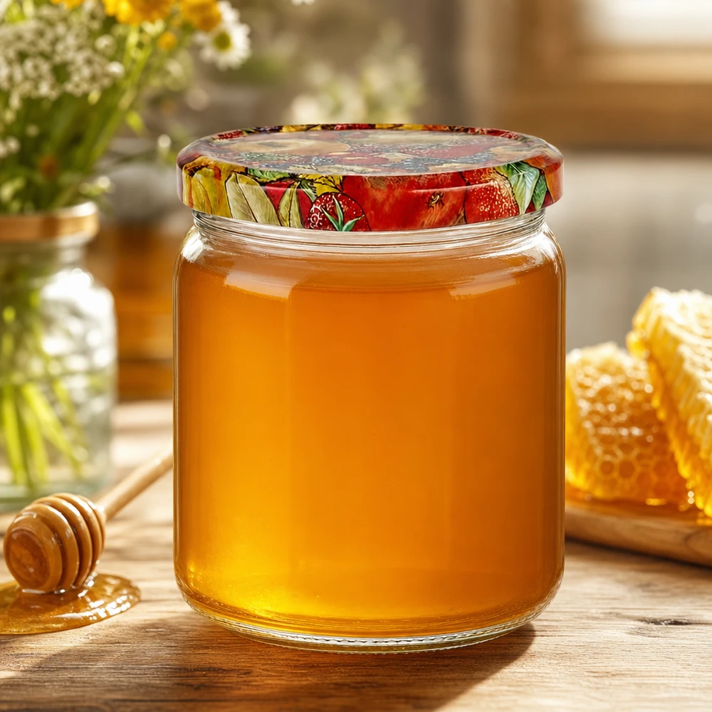 408ml rond glas met BasicSeal deksel Fruit decor UNiTWIST 408ml ronde pot gevuld met honing BasicSeal deksel Fruit decor inmaakpot voor zoet beleg en jam