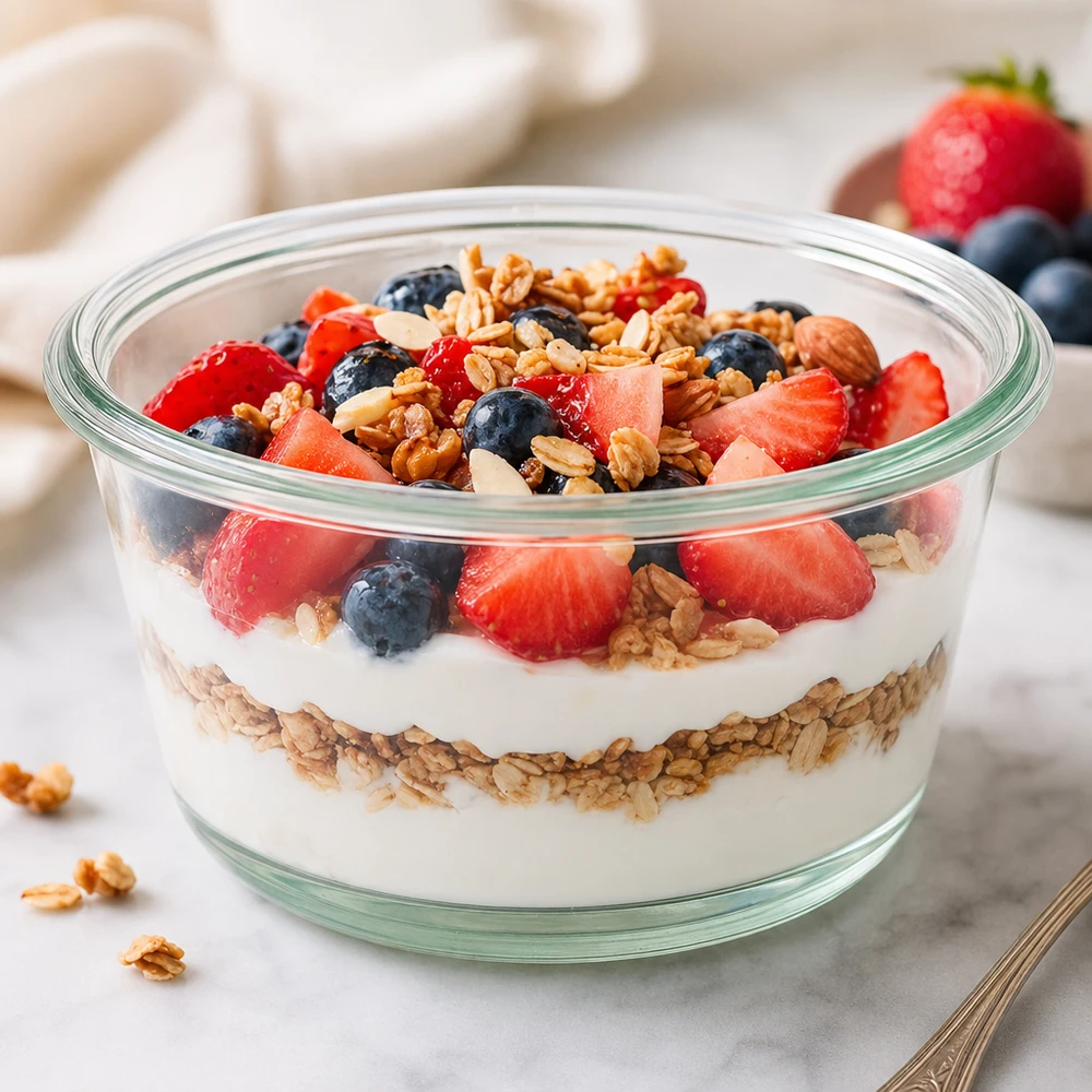 290ml gourmetglas WECK RR100 WECK RR100 290ml gourmetpot met yoghurt granola parfait bessen en noten geserveerd als een gezonde ontbijtbowl