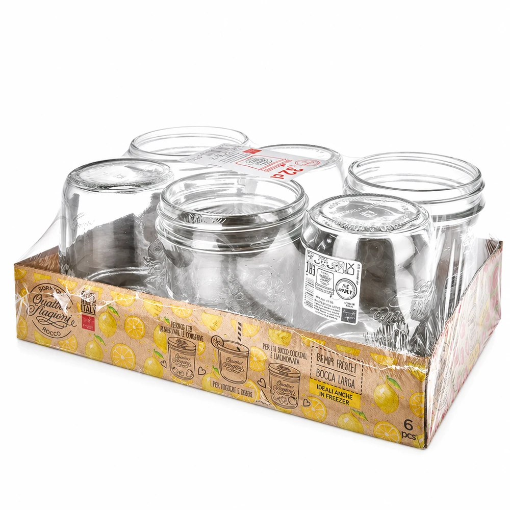 Bormioli Rocco Quattro Stagioni inmaakpotten set van 6 in verkoopverpakking met afbeelding van gele citrusvruchten