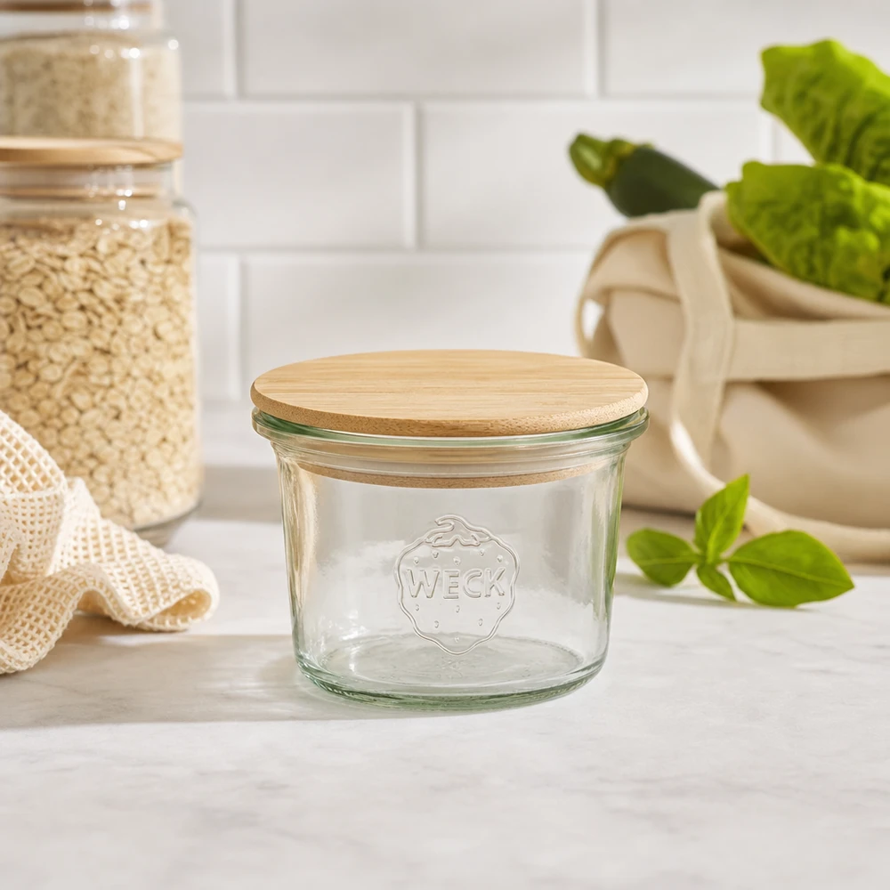 WECK mini mason jar 35ml RR40 met bamboe houten deksel in duurzame keuken met voorraadpotten en groene planten