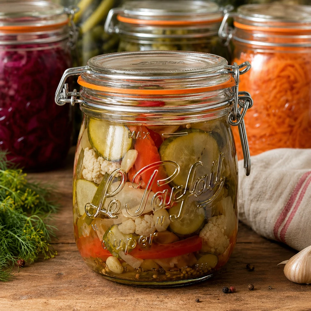 750ml Le Parfait Super voorraadpot met draaidop gevuld met ingemaakte groenten op houten tafel