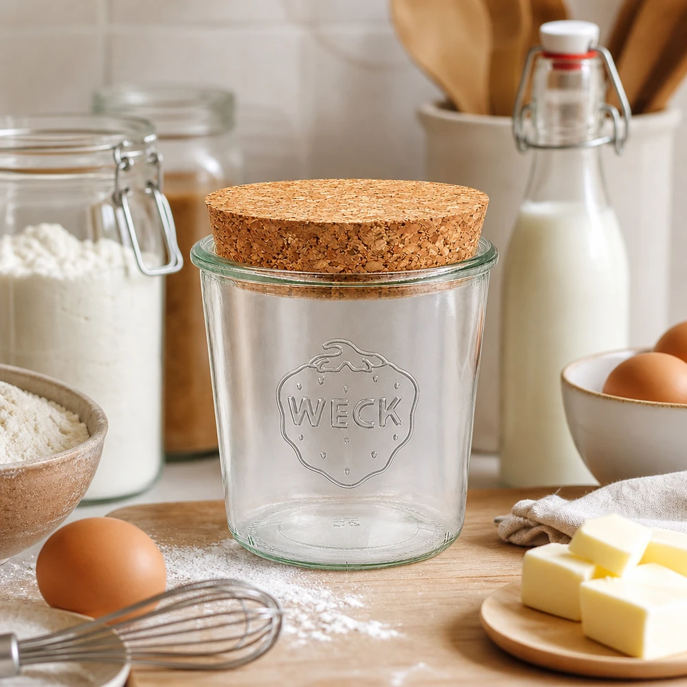 580ml stortglas WECK RR100 met kurk WECK 580ml RR100 metselpot met natuurkurk in bakkeuken, gerangschikt tussen bloem, eieren, boter en melk om te bakken