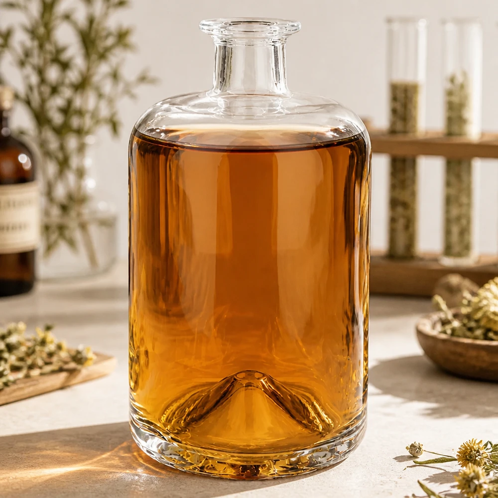 700 ml apothekersfles Sofia zonder sluiting UNiTWIST® 700ml Glasflasche Sofia mit bernsteinfarbener Flüssigkeit auf Marmortisch neben getrockneten Blüten atmosphärisch inszen