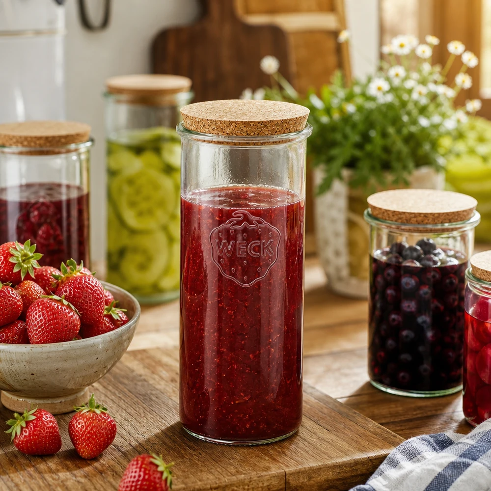 WECK voorraadpot 1500ml gevuld met aardbeienjam Keukensfeer Natuurlijk kurkdeksel Inmaakpot Toepassing