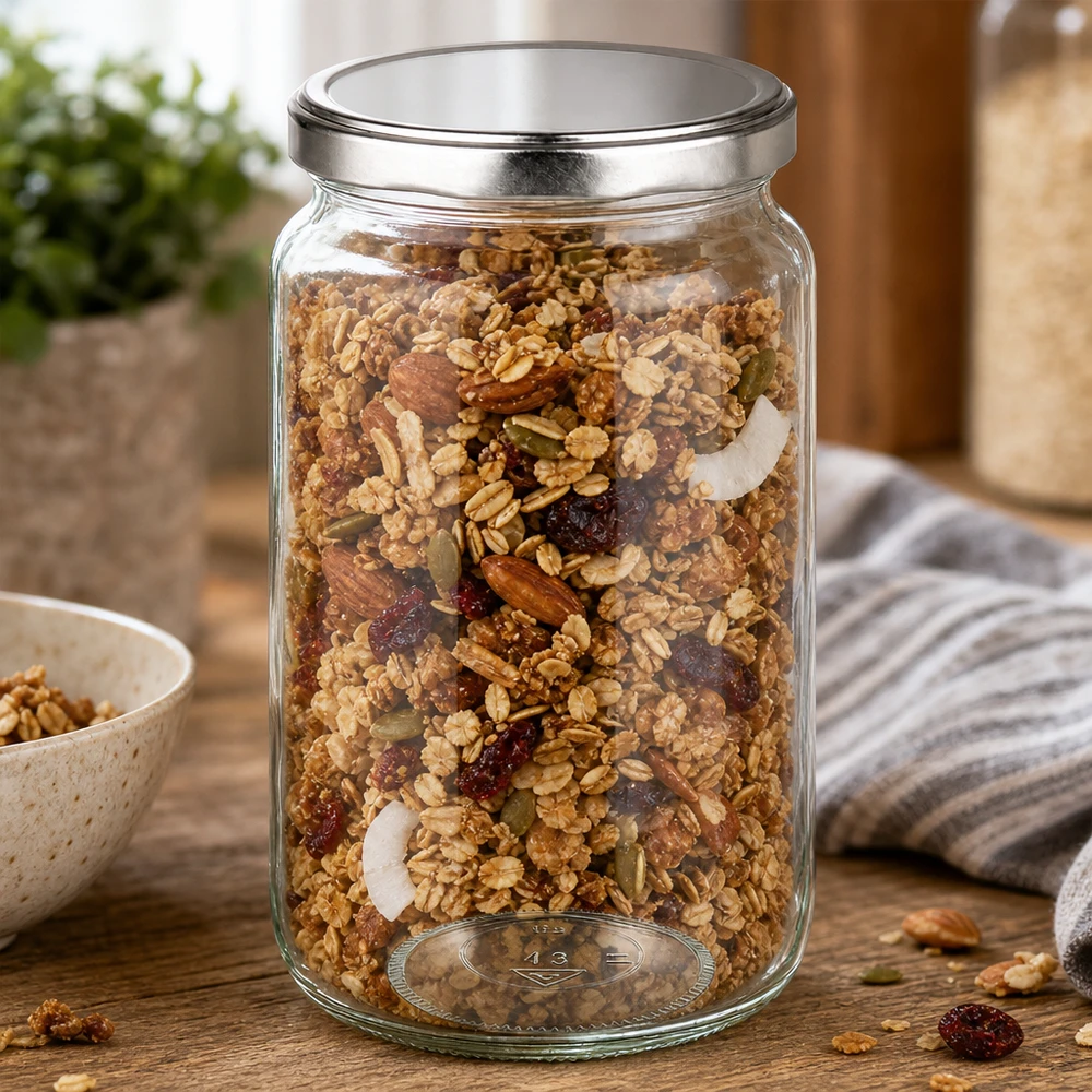 795ml rond glas met BasicSeal deksel zilver UNiTWIST 795 ml ronde pot gevuld met muesli en noten toont praktisch gebruik als voorraadpot voor voedsel