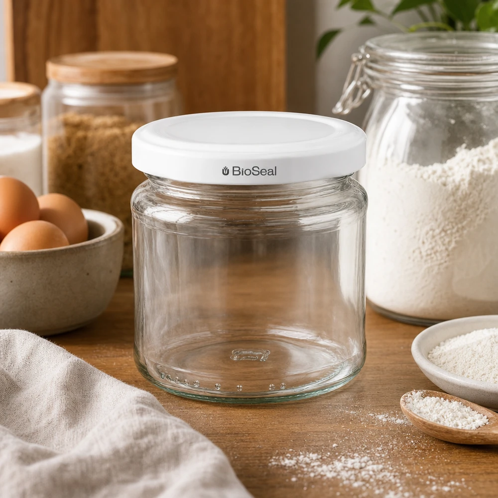 UNiTWIST Runda212 lege glazen pot met wit TO66 BioSeal deksel in de keuken tussen bloem, eieren en bakingrediënten