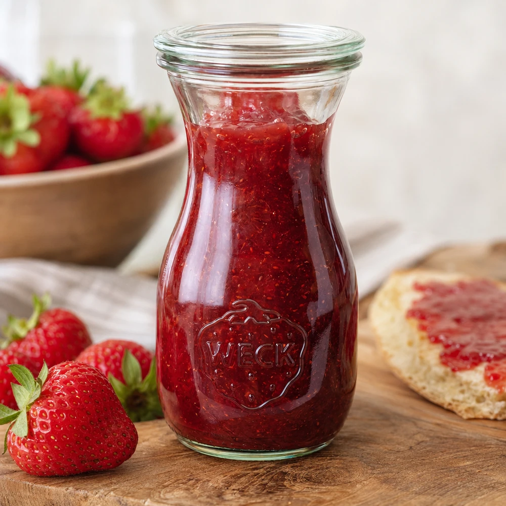 Sapfles van 290 ml met glazen deksel WECK RR60 WECK sapfles 290ml RR60 gevuld met rode aardbeienjam naast verse aardbeien en brood op een houten plank