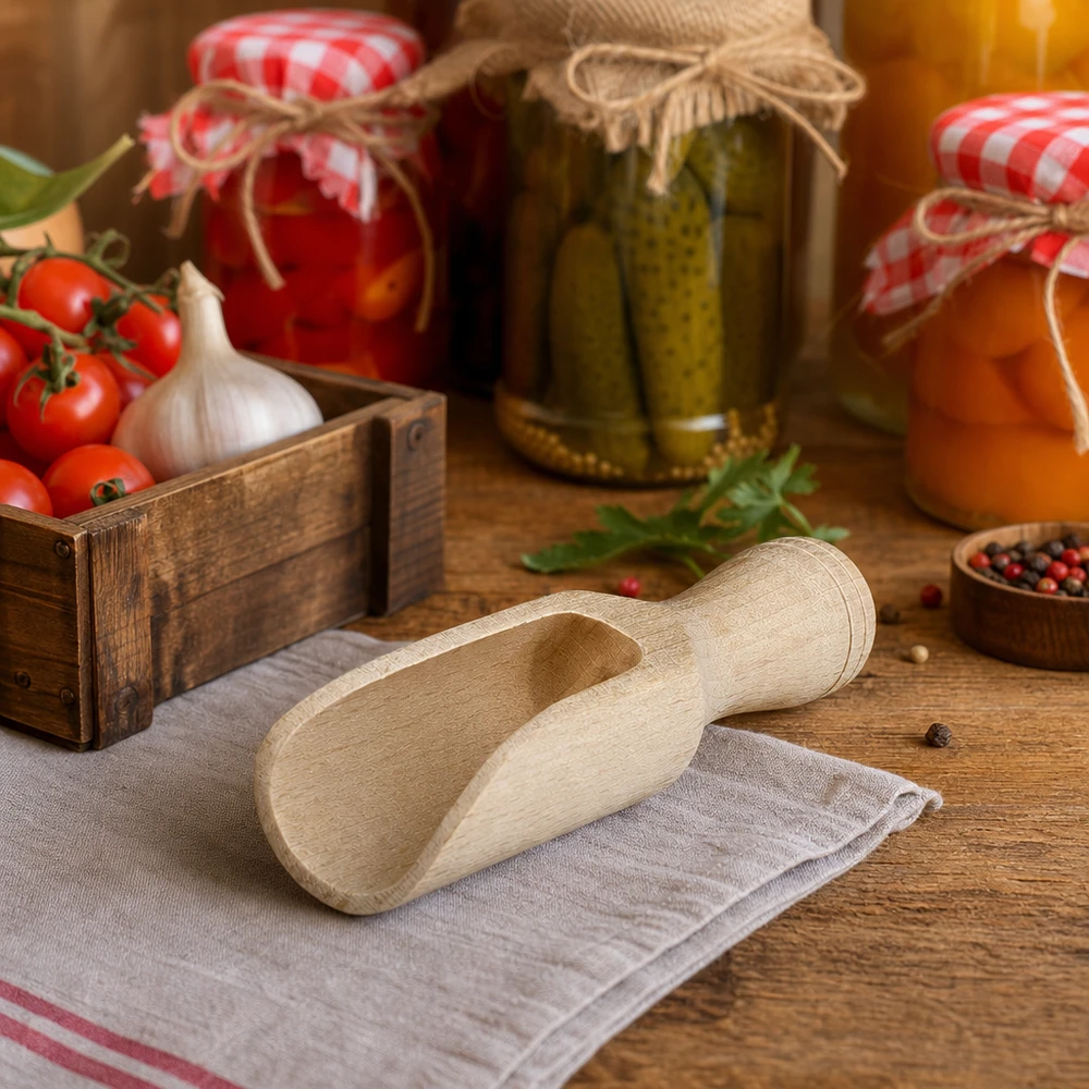 Houten schep maat S halfronde vorm - 75mm lang Klein beukenhouten schepje 7,5 cm in rustieke keuken met ingemaakte groenten en verse tomaten Lifestyle sfeer
