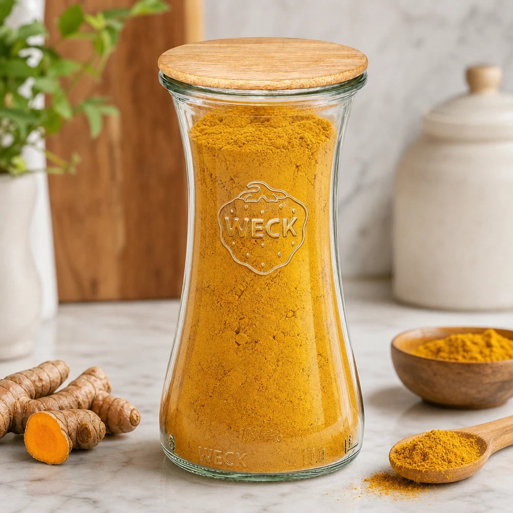 WECK pot 100ml RR40 met bamboe deksel gevuld met kurkumapoeder, verse kurkumawortels en houten lepel