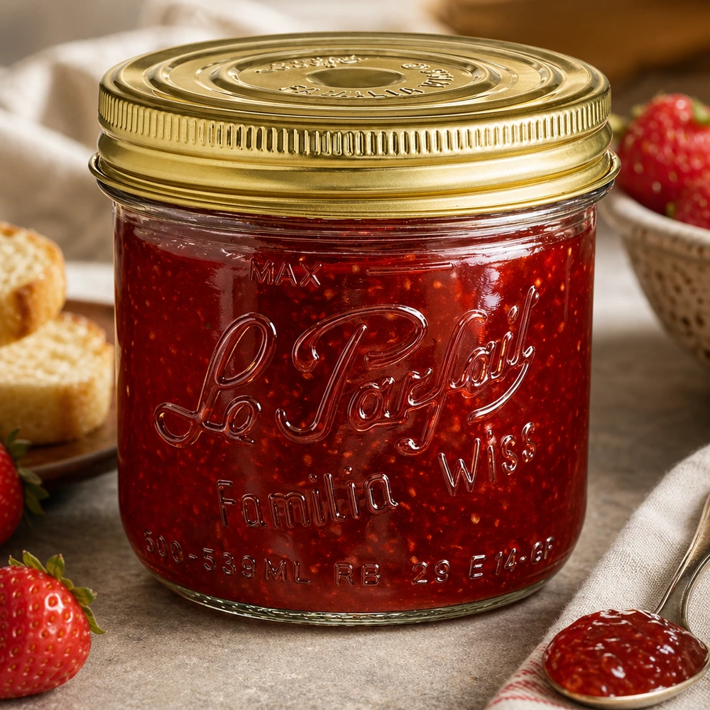 Le Parfait® Familia Wiss 500 g Ø100 mm pot 539ml Familia Wiss pot met gouden deksel gevuld met rode jam naast verse aardbeien en brood