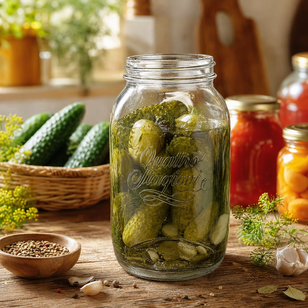 1500ml Quattro Stagioni huishoudpot gevuld met ingemaakte augurken op een houten tafel met verse ingrediënten