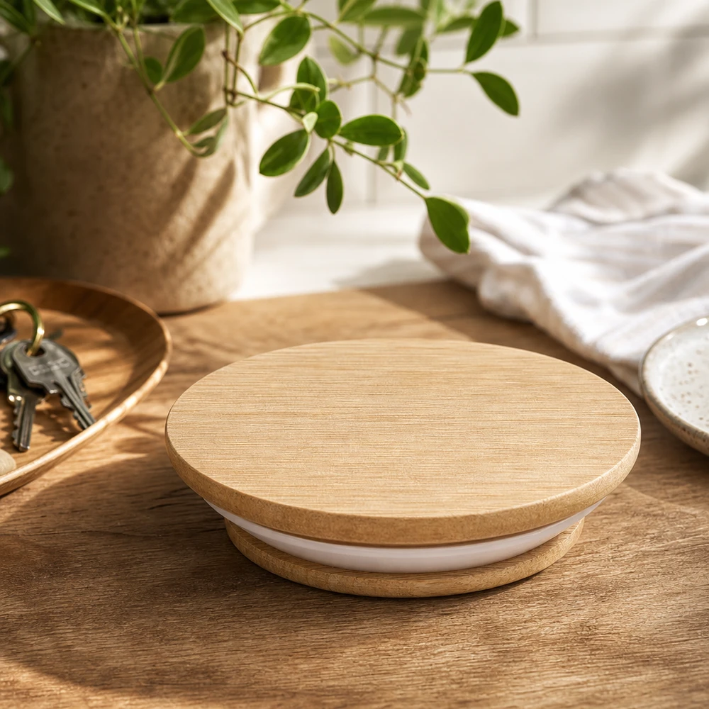 Houten deksel WECK RR40 Houten deksel WECK RR40 Eik op houten tafel Lifestyle sfeer met plant en decoratie natuurlijke woonkeuken accessoires