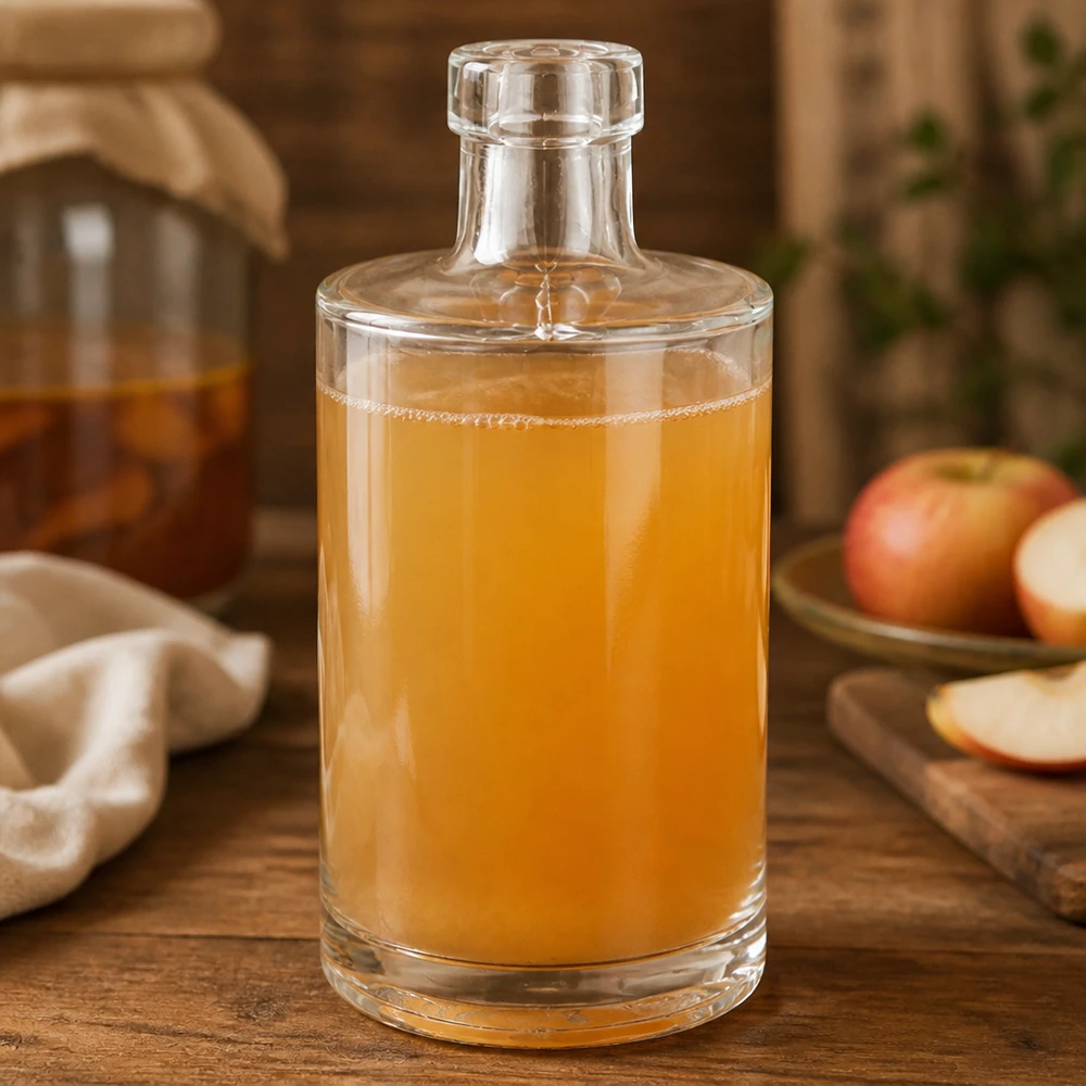 350 ml glazen fles Marie zonder sluiting UNiTWIST® 350ml glazen fles Marie gevuld met appelsap rustiek versierd verse appels houten tafel natuurlijkheid Afbeelding 8 van 10