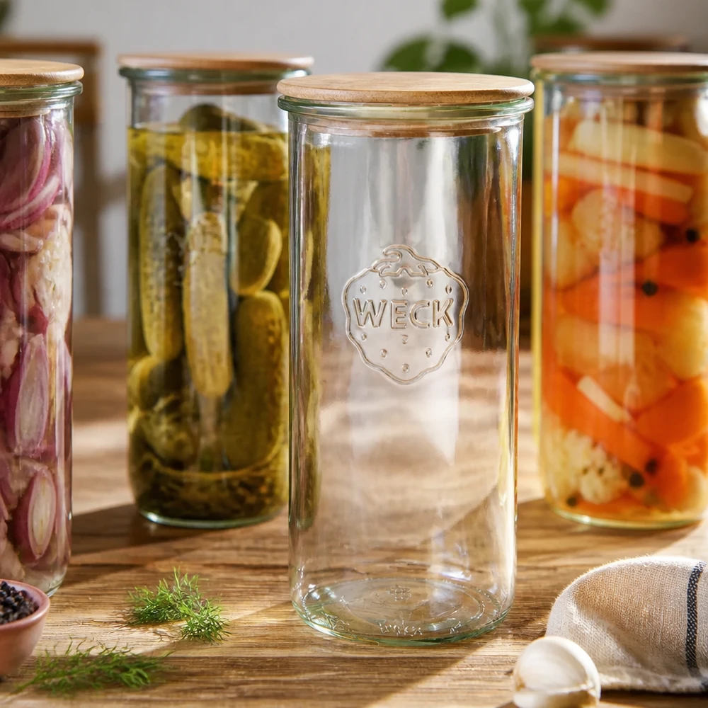 WECK RR100 1500ml glazen pot met houten deksel tussen ingemaakte groenten op een houten tafel rustieke keuken scène