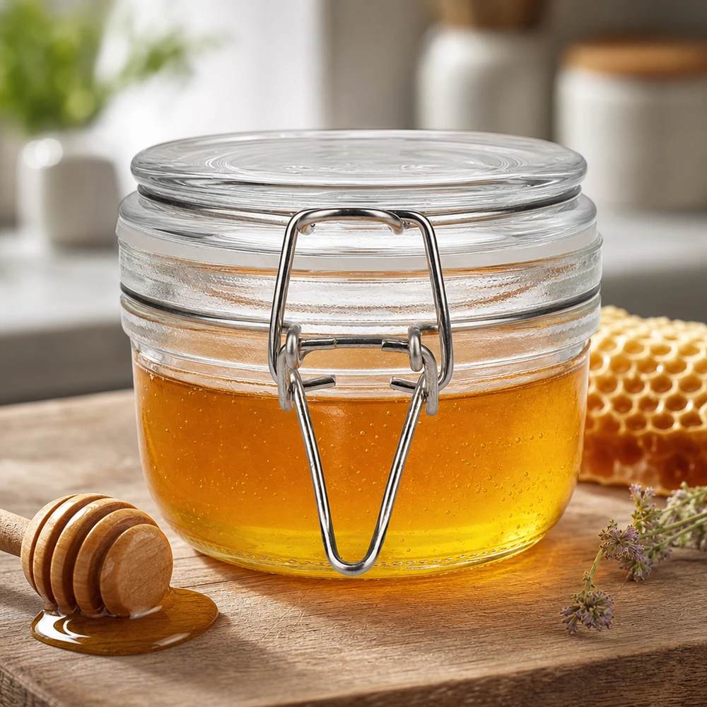 Rond voorraadpotje van 200 ml met draaidop, perfect voor honing en zoet beleg
