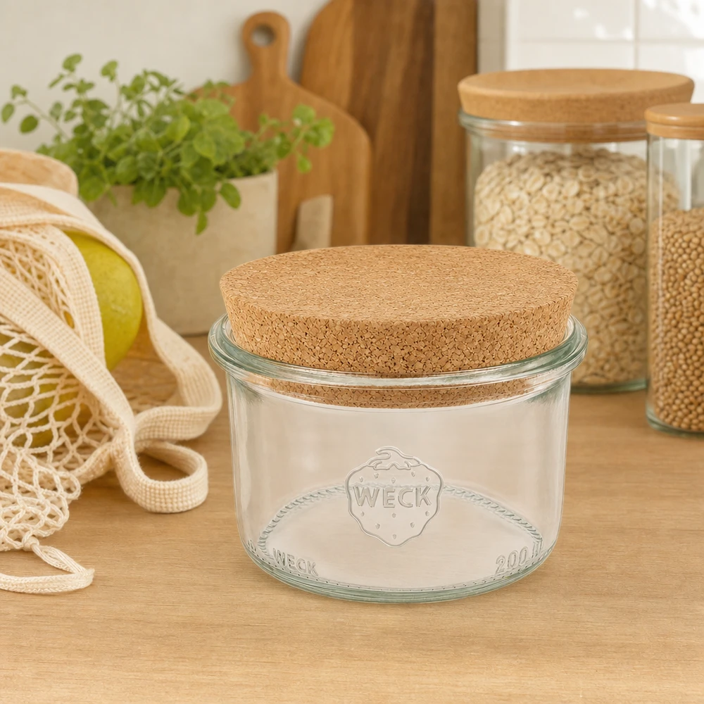 WECK 200ml RR80 mason jar met kurkdeksel in duurzame zero-waste keuken tussen voorraadpotten en jute zakken