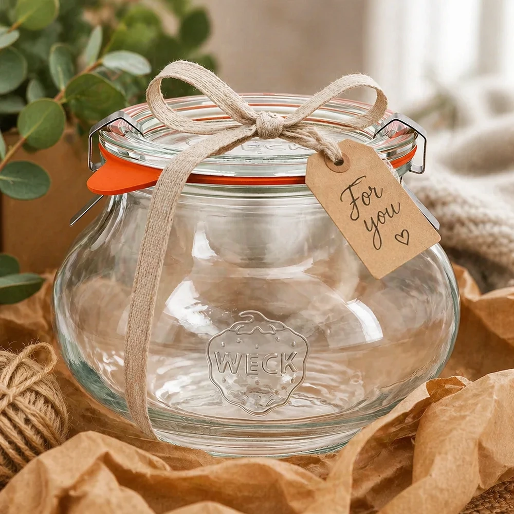 560 ml sierglas, compleet WECK RR80 WECK juwelenpot 560ml decoratief verpakt met lint en cadeaulabel, cadeau-idee