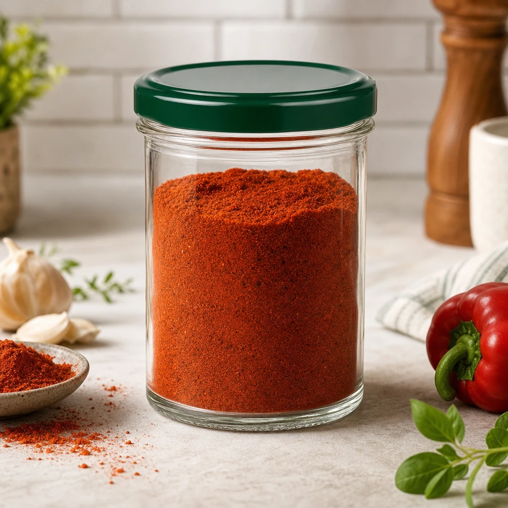 350ml bekers met BasicSeal deksel groen UNiTWIST Glazen pot van 350 ml met groen deksel gevuld met paprikapoeder in een keukensetting met verse ingrediënten en kruiden