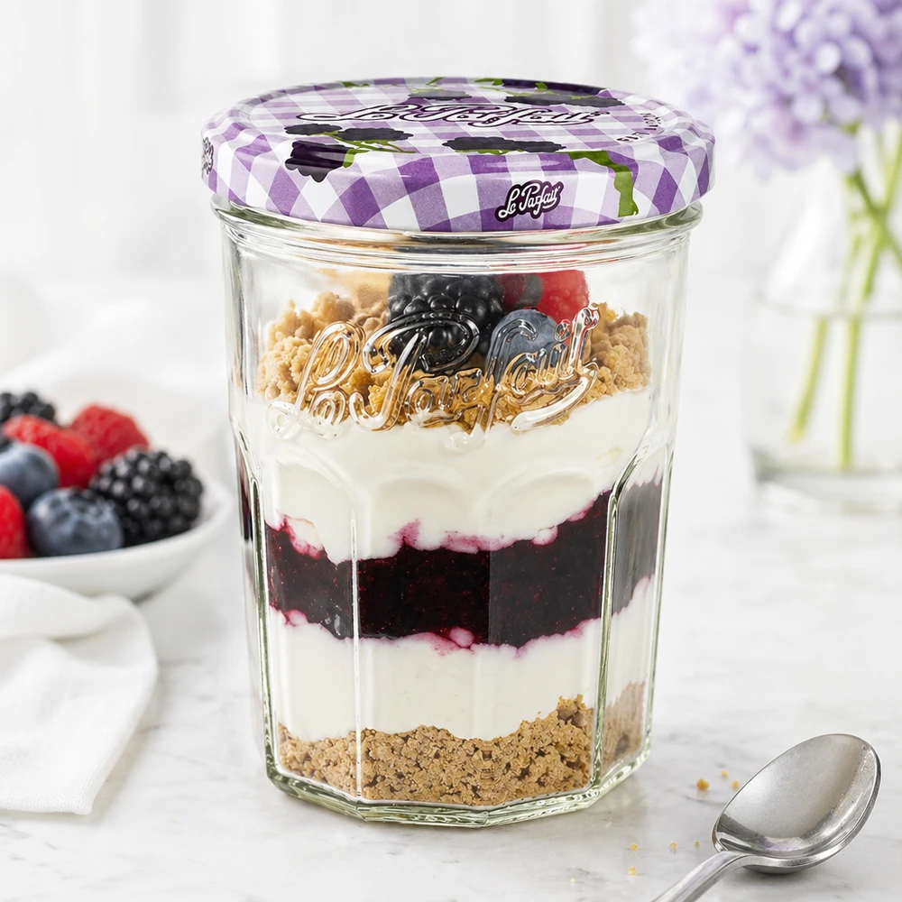 Le Parfait® Jam 385 ml Ø82 mm confituurpot Le Parfait tumblers 385ml gevuld met bessengelaagd dessert toont veelzijdig gebruik als dessertglas