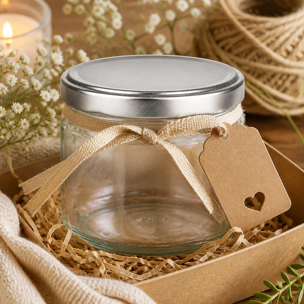 330ml rond glas met BasicSeal deksel zilver UNiTWIST 330 ml ronde pot met zilveren BasicSeal deksel als geschenk gedecoreerd met strik en label in geschenkverpakking