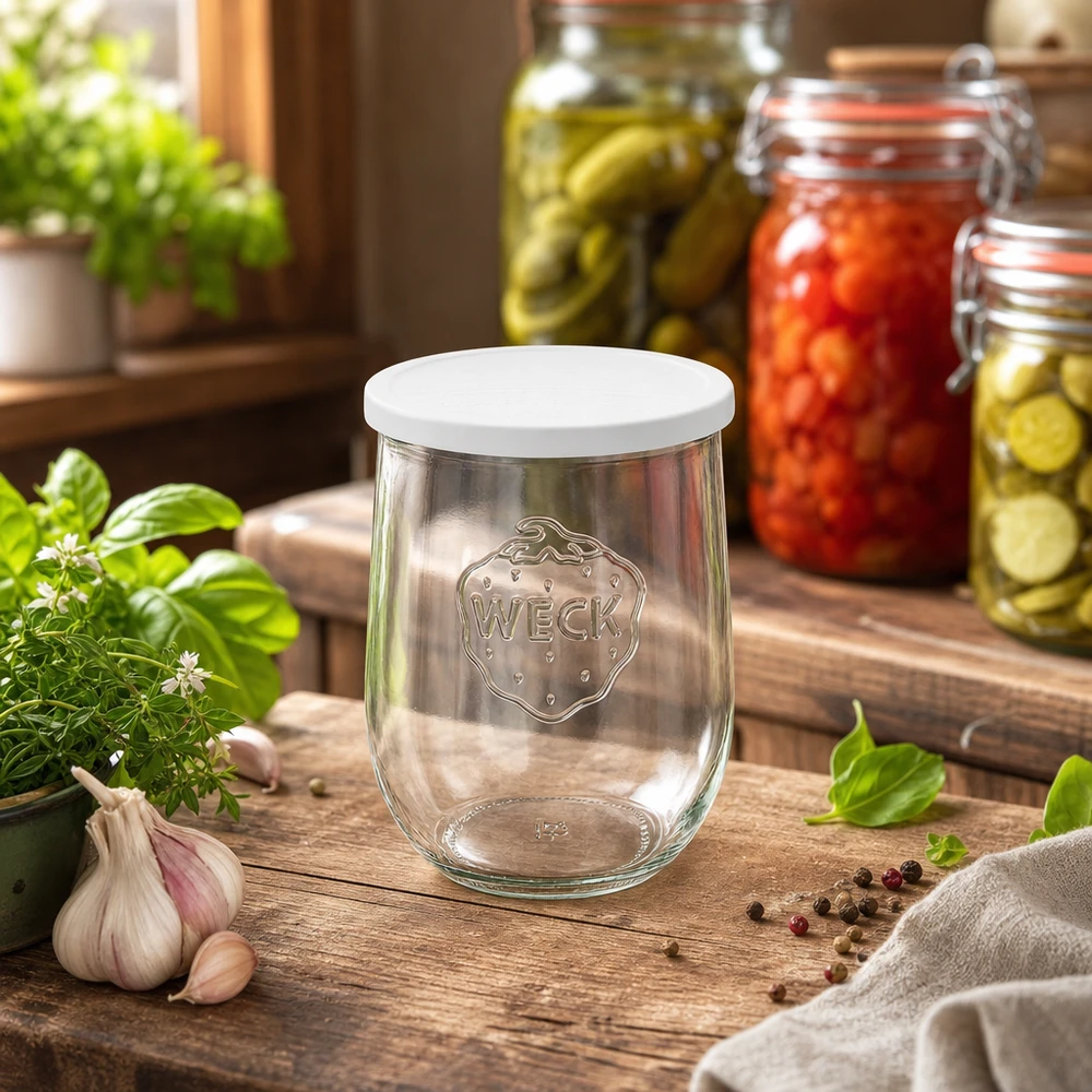 WECK tulpenpot 1062ml in keuken met ingemaakte groenten en verse kruiden decoratief gerangschikt