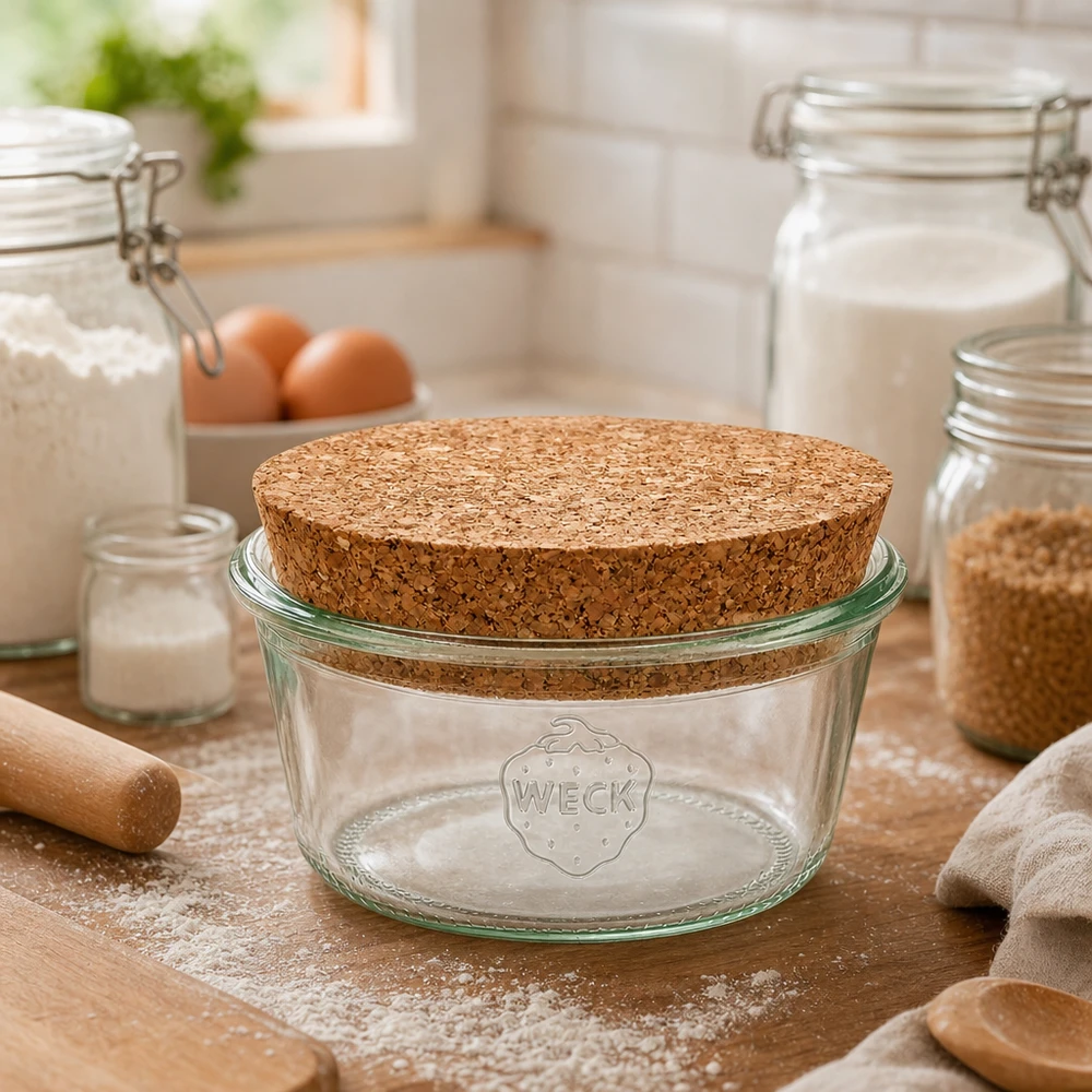 WECK RR100 bekers 290ml met kurkdeksel in de keuken tussen meel, eieren en voorraadpotten als bakaccessoires