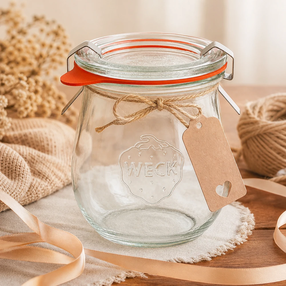 220ml tulpenglas compleet WECK RR60 WECK tulpenpot 220ml RR60 met cadeaulabel en jute strik decoratief gerangschikt op een linnen servet