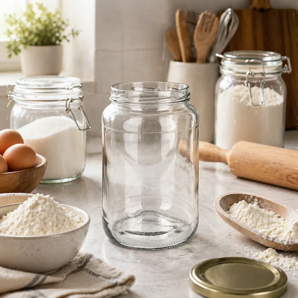 1700ml rond glas zonder deksel (TO100) UNiTWIST UNiTWIST Runda1700 trommels 1700ml TO100 in moderne keuken voor bakken met bloem eieren deegroller keukengerei
