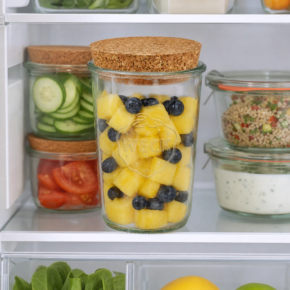 850ml stortglas WECK RR100 met kurk WECK 850ml RR100 voorraadpot met kurk in de koelkast gevuld met onder andere ananas en bosbessen