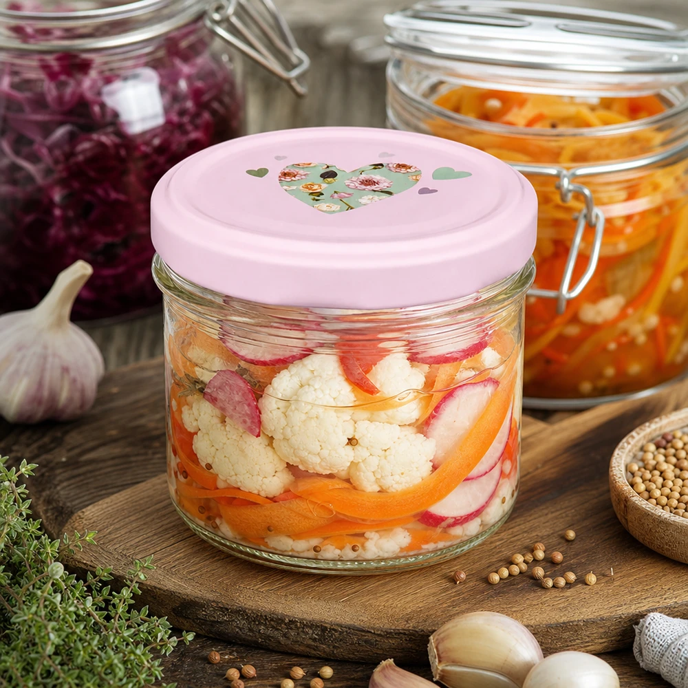 Glazen van 225 ml + BasicSeal-deksel met roze hart UNiTWIST Trommels van 225 ml met roze hartvormig deksel voor ingemaakte groenten en fermentatie naast specerijen en kruiden