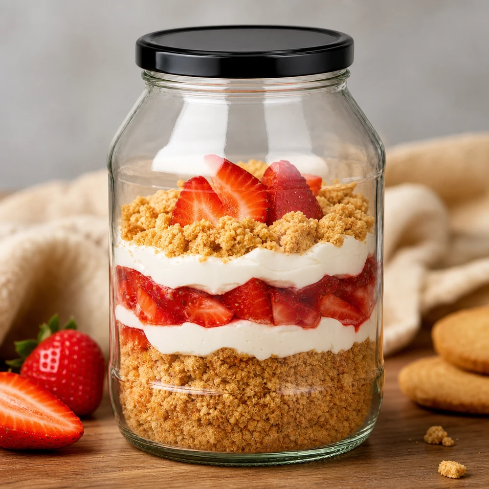 2650ml rond glas met BasicSeal deksel zwart UNiTWIST 2650ml Rundglas mit schwarzem Deckel als Dessertglas für Erdbeer-Sahne-Schichtdessert mit Kekskrümeln stylisch präsentie