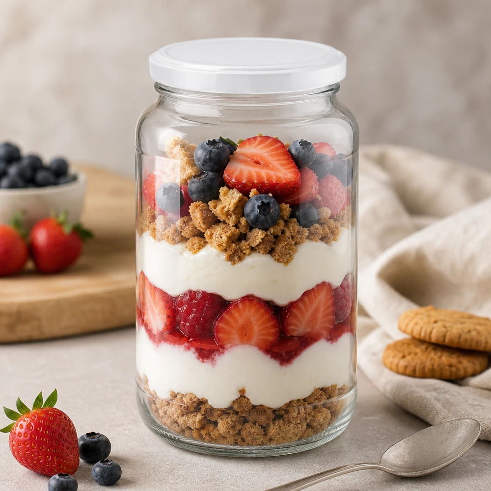 1700ml rond glas met BasicSeal deksel wit UNiTWIST 1700 ml ronde pot met BasicSeal deksel als dessertpot voor bessentrifle gevuld met yoghurt en koekkruimels