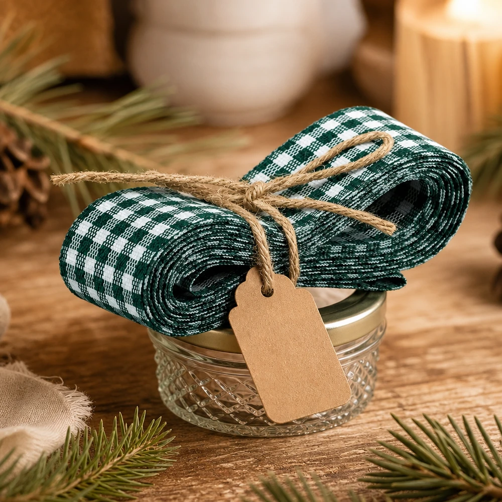Stofband groen/wit voor decoratie 300 cm Grün-weißes kariertes Stoffband 300cm mit Kraftpapier-Anhänger um Glasschale gebunden als natürliche Geschenkdeko