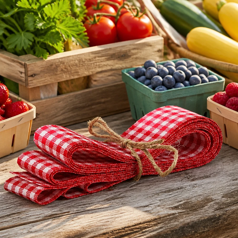 Stofband rood/wit voor decoratie, 300 cm Rood en wit geruit stoffen lint 300cm gebundeld op houten tafel met verse bessen tomaten en groenten in landhuisstijl