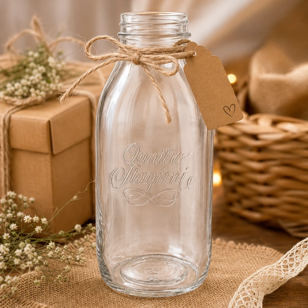 Quattro Stagioni 1000ml glazen fles met wijde hals, kurk en rustieke decoratie op een houten tafel
