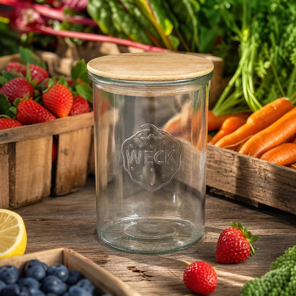 WECK bekers 1000ml RR100 met eiken deksel tussen vers fruit en groenten op een houten tafel Keukensfeer